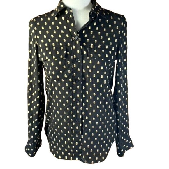 Who What Wear Womens Collared, Semi-Sheer Button Down Blouse-Black/Gold-XS-GUC - Picture 1 of 7